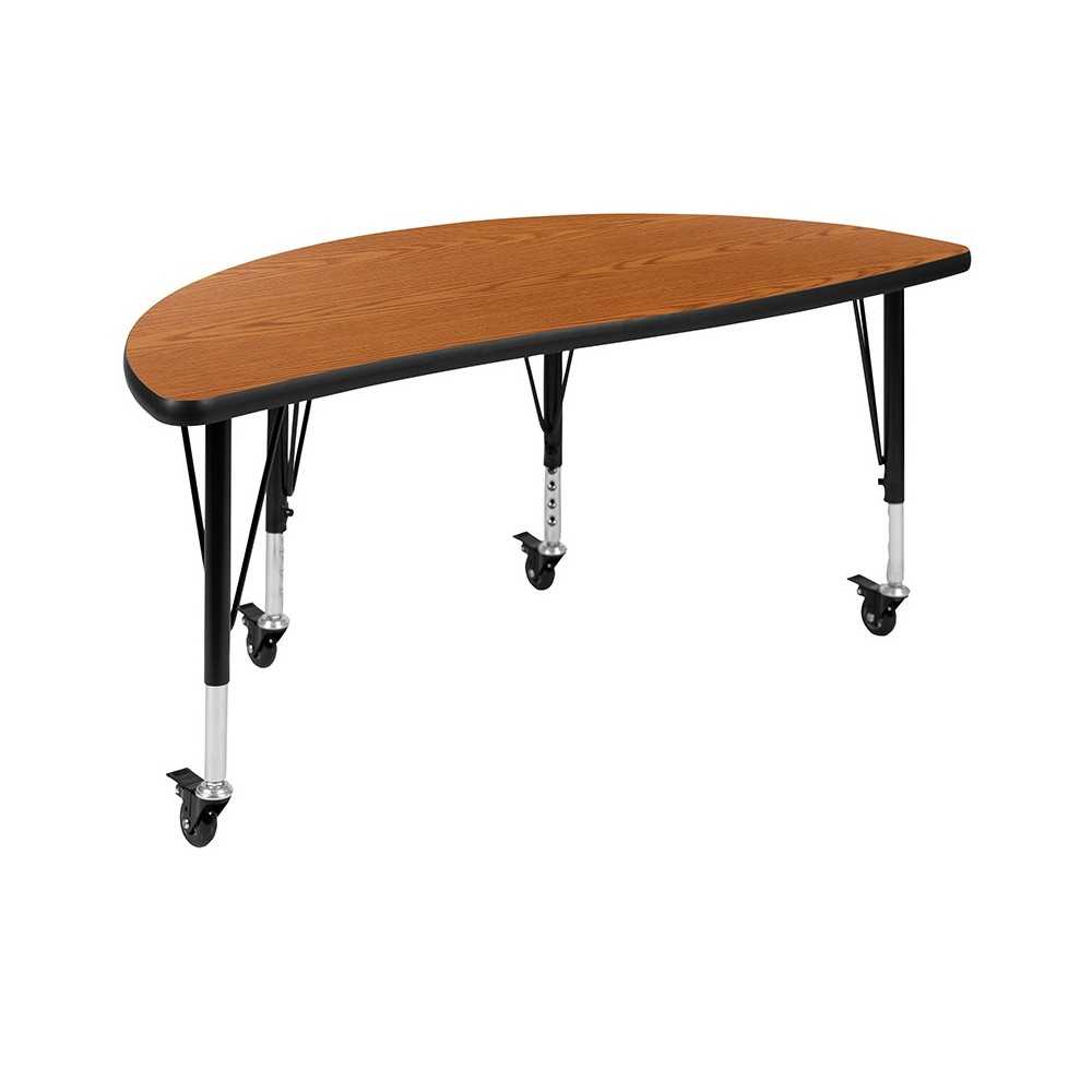 Mobile 47.5" Half Circle Wave Collaborative Oak Thermal Laminate Activity Table - Height Adjustable Short Legs