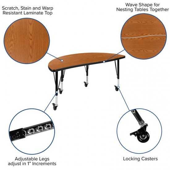 Mobile 47.5" Half Circle Wave Collaborative Oak Thermal Laminate Activity Table - Height Adjustable Short Legs