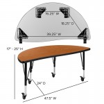 Mobile 47.5" Half Circle Wave Collaborative Oak Thermal Laminate Activity Table - Height Adjustable Short Legs