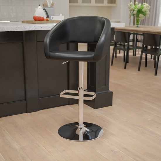 Contemporary Black Vinyl Adjustable Height Barstool with Rounded Mid-Back and Chrome Base