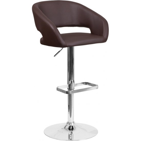 Contemporary Brown Vinyl Adjustable Height Barstool with Rounded Mid-Back and Chrome Base