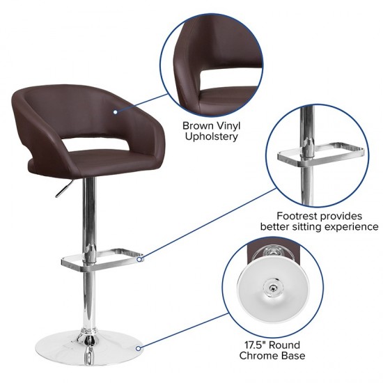 Contemporary Brown Vinyl Adjustable Height Barstool with Rounded Mid-Back and Chrome Base