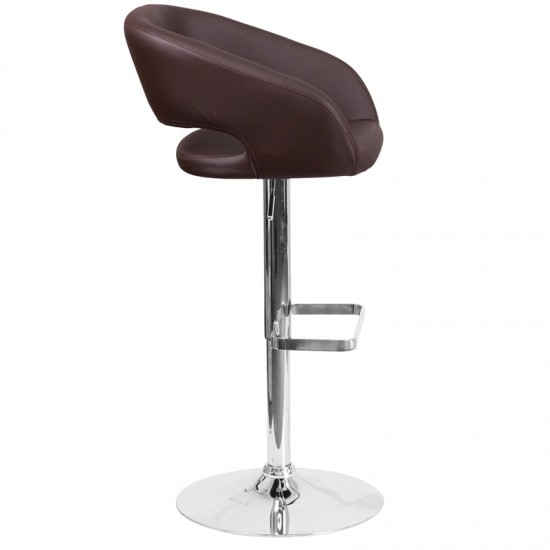 Contemporary Brown Vinyl Adjustable Height Barstool with Rounded Mid-Back and Chrome Base