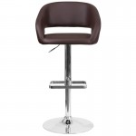 Contemporary Brown Vinyl Adjustable Height Barstool with Rounded Mid-Back and Chrome Base