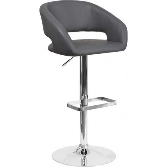 Contemporary Gray Vinyl Adjustable Height Barstool with Rounded Mid-Back and Chrome Base