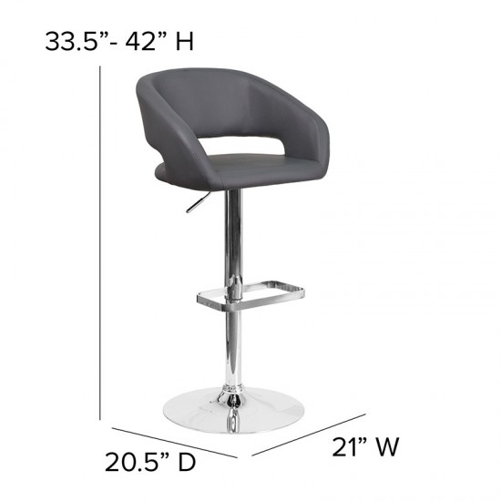 Contemporary Gray Vinyl Adjustable Height Barstool with Rounded Mid-Back and Chrome Base