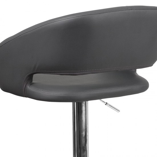 Contemporary Gray Vinyl Adjustable Height Barstool with Rounded Mid-Back and Chrome Base