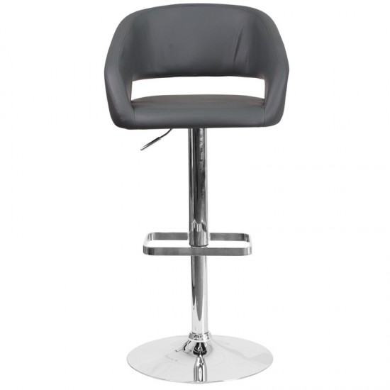 Contemporary Gray Vinyl Adjustable Height Barstool with Rounded Mid-Back and Chrome Base