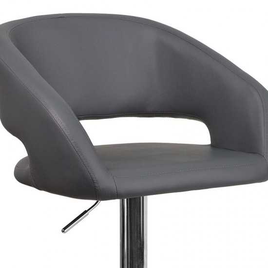 Contemporary Gray Vinyl Adjustable Height Barstool with Rounded Mid-Back and Chrome Base