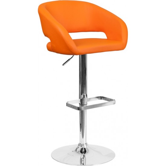 Contemporary Orange Vinyl Adjustable Height Barstool with Rounded Mid-Back and Chrome Base