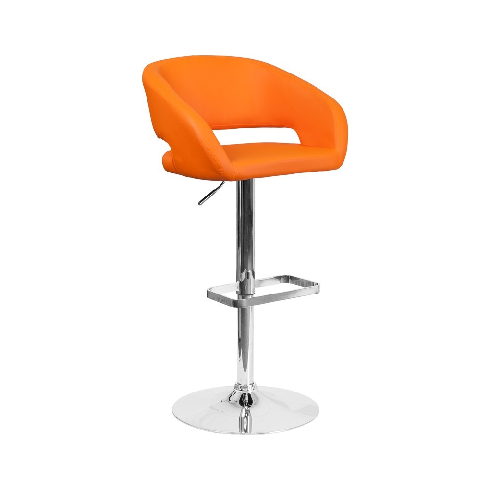 Contemporary Orange Vinyl Adjustable Height Barstool with Rounded Mid-Back and Chrome Base