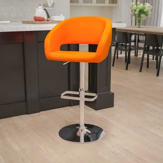 Contemporary Orange Vinyl Adjustable Height Barstool with Rounded Mid-Back and Chrome Base