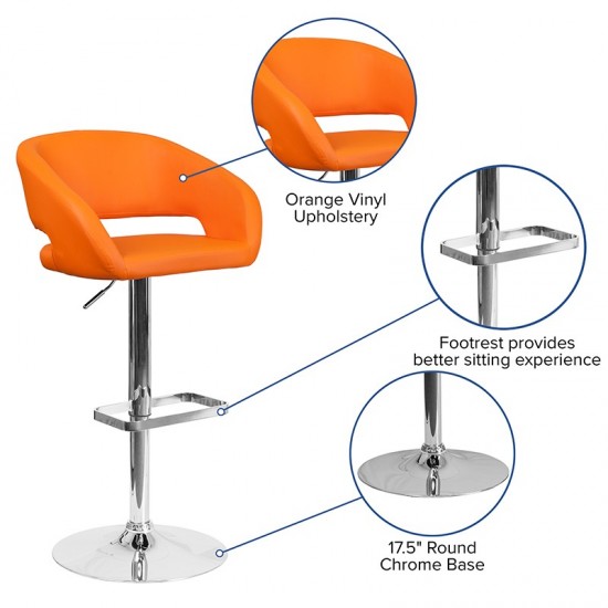 Contemporary Orange Vinyl Adjustable Height Barstool with Rounded Mid-Back and Chrome Base