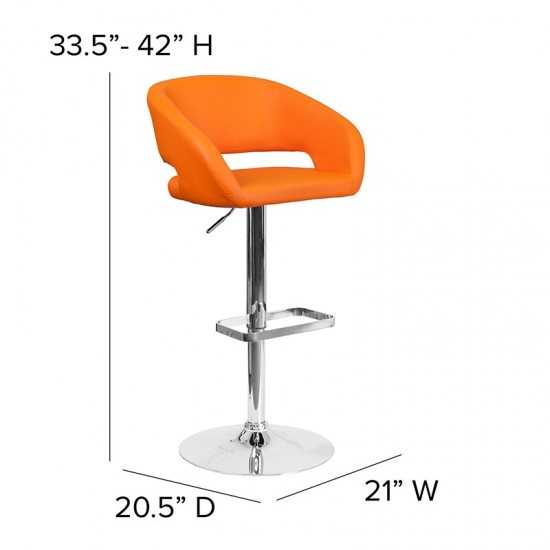 Contemporary Orange Vinyl Adjustable Height Barstool with Rounded Mid-Back and Chrome Base