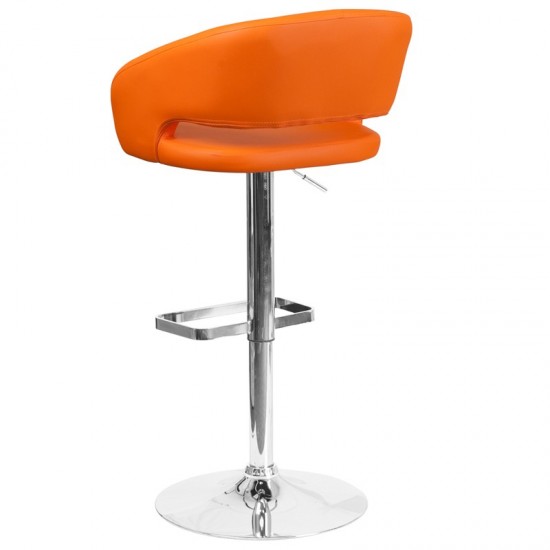 Contemporary Orange Vinyl Adjustable Height Barstool with Rounded Mid-Back and Chrome Base