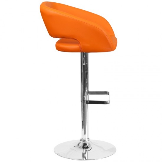 Contemporary Orange Vinyl Adjustable Height Barstool with Rounded Mid-Back and Chrome Base