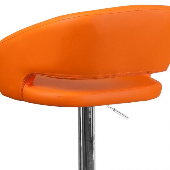 Contemporary Orange Vinyl Adjustable Height Barstool with Rounded Mid-Back and Chrome Base