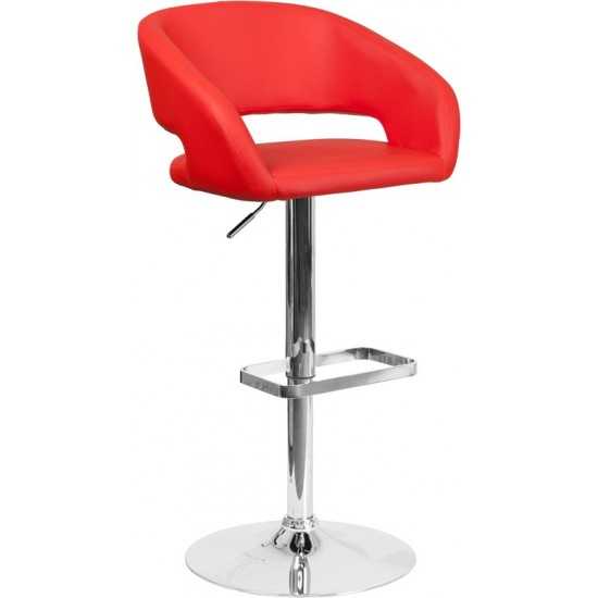 Contemporary Red Vinyl Adjustable Height Barstool with Rounded Mid-Back and Chrome Base