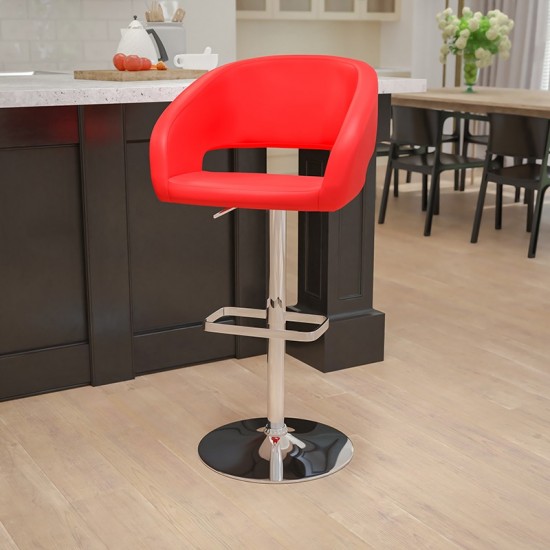 Contemporary Red Vinyl Adjustable Height Barstool with Rounded Mid-Back and Chrome Base