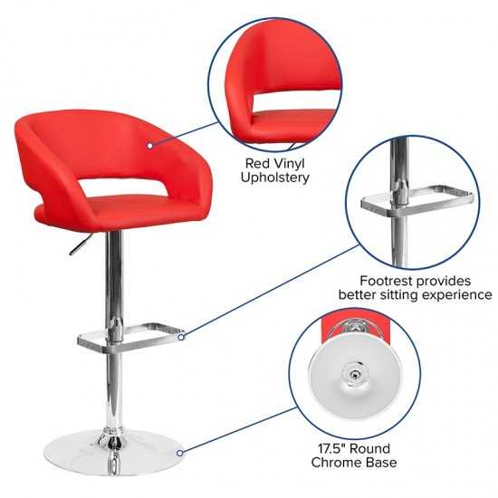 Contemporary Red Vinyl Adjustable Height Barstool with Rounded Mid-Back and Chrome Base