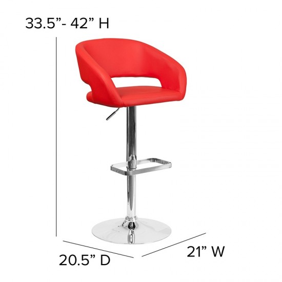 Contemporary Red Vinyl Adjustable Height Barstool with Rounded Mid-Back and Chrome Base