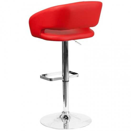 Contemporary Red Vinyl Adjustable Height Barstool with Rounded Mid-Back and Chrome Base