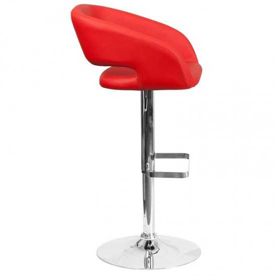 Contemporary Red Vinyl Adjustable Height Barstool with Rounded Mid-Back and Chrome Base