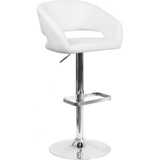 Contemporary White Vinyl Adjustable Height Barstool with Rounded Mid-Back and Chrome Base