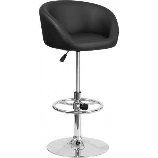 Contemporary Black Vinyl Adjustable Height Barstool with Barrel Back and Chrome Base