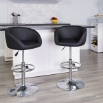 Contemporary Black Vinyl Adjustable Height Barstool with Barrel Back and Chrome Base