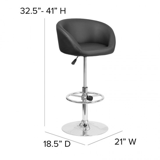 Contemporary Black Vinyl Adjustable Height Barstool with Barrel Back and Chrome Base