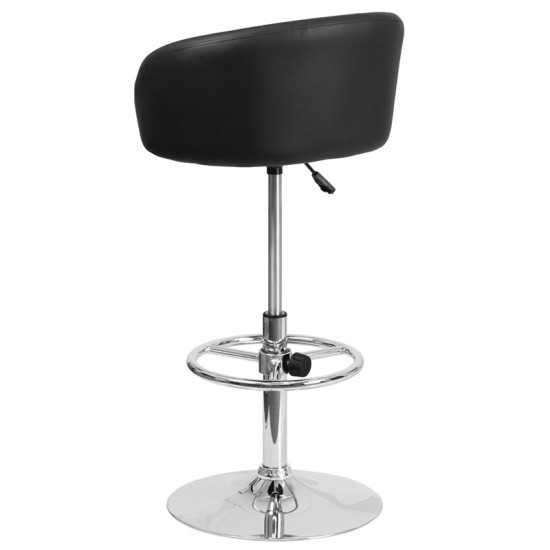 Contemporary Black Vinyl Adjustable Height Barstool with Barrel Back and Chrome Base