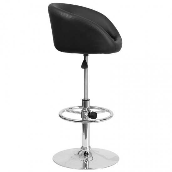 Contemporary Black Vinyl Adjustable Height Barstool with Barrel Back and Chrome Base