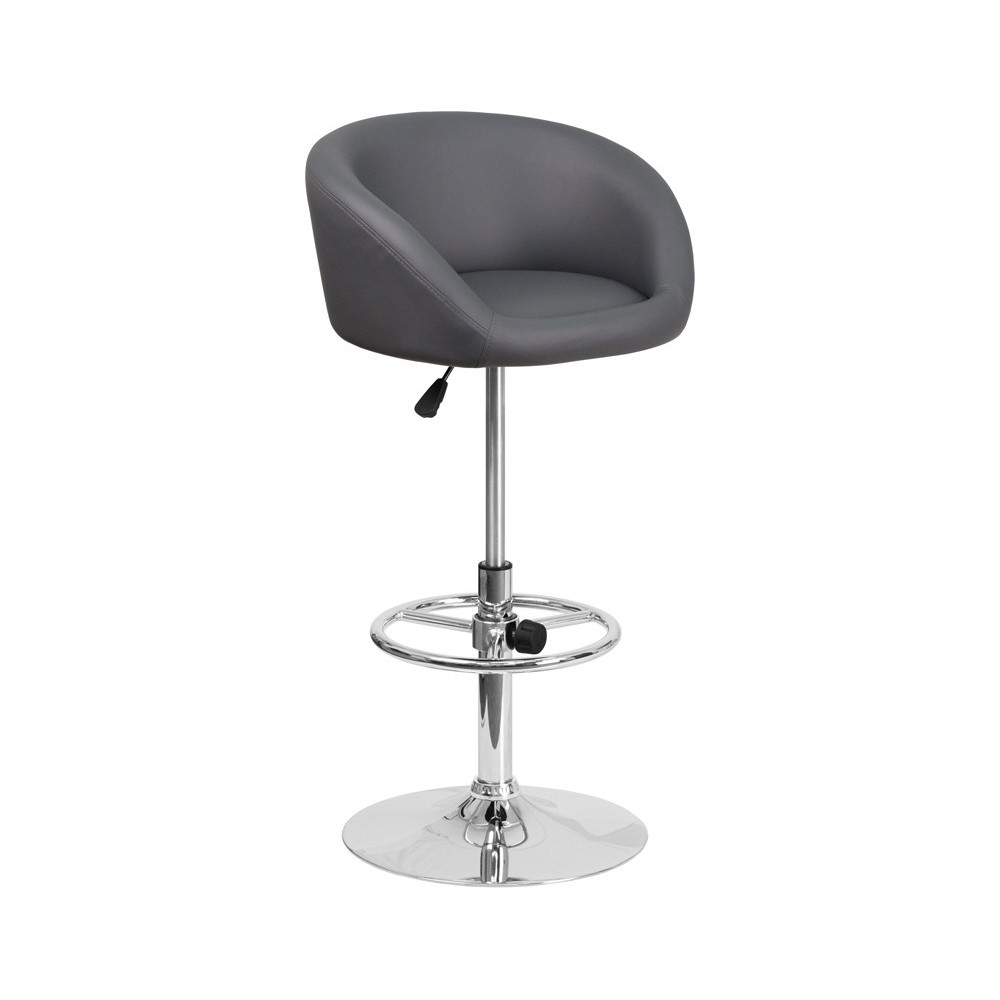 Contemporary Gray Vinyl Adjustable Height Barstool with Barrel Back and Chrome Base