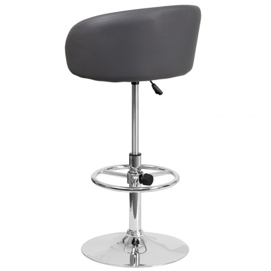 Contemporary Gray Vinyl Adjustable Height Barstool with Barrel Back and Chrome Base