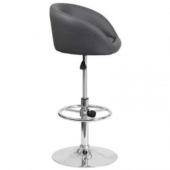 Contemporary Gray Vinyl Adjustable Height Barstool with Barrel Back and Chrome Base