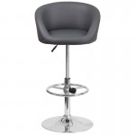 Contemporary Gray Vinyl Adjustable Height Barstool with Barrel Back and Chrome Base