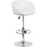 Contemporary White Vinyl Adjustable Height Barstool with Barrel Back and Chrome Base