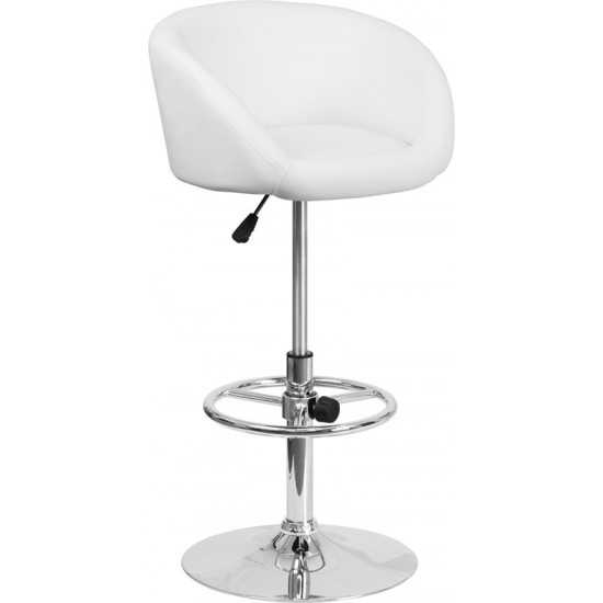 Contemporary White Vinyl Adjustable Height Barstool with Barrel Back and Chrome Base