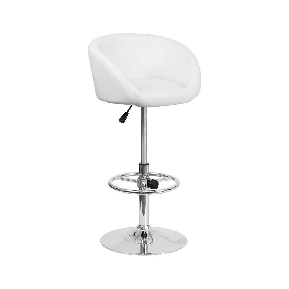 Contemporary White Vinyl Adjustable Height Barstool with Barrel Back and Chrome Base