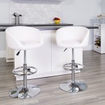 Contemporary White Vinyl Adjustable Height Barstool with Barrel Back and Chrome Base