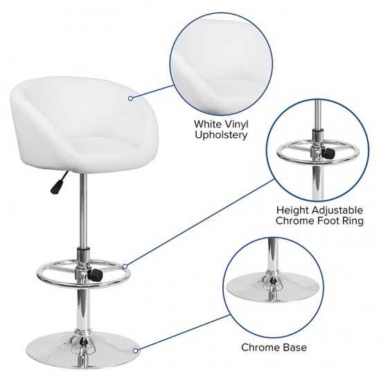 Contemporary White Vinyl Adjustable Height Barstool with Barrel Back and Chrome Base