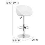 Contemporary White Vinyl Adjustable Height Barstool with Barrel Back and Chrome Base