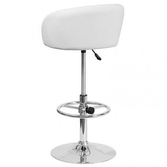 Contemporary White Vinyl Adjustable Height Barstool with Barrel Back and Chrome Base