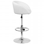 Contemporary White Vinyl Adjustable Height Barstool with Barrel Back and Chrome Base