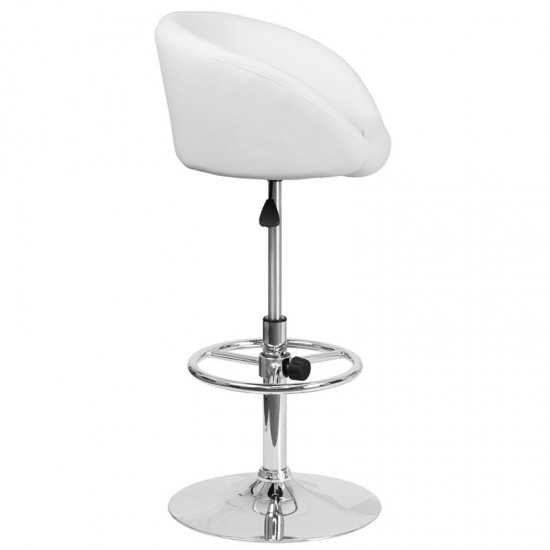 Contemporary White Vinyl Adjustable Height Barstool with Barrel Back and Chrome Base