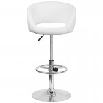 Contemporary White Vinyl Adjustable Height Barstool with Barrel Back and Chrome Base