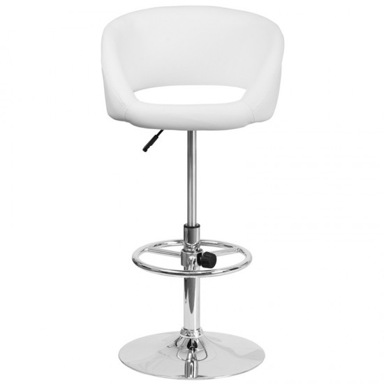 Contemporary White Vinyl Adjustable Height Barstool with Barrel Back and Chrome Base