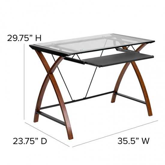 Glass Computer Desk with Pull-Out Keyboard Tray and Crisscross Frame