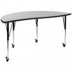 Mobile 60" Half Circle Wave Collaborative Grey Thermal Laminate Activity Table - Standard Height Adjustable Legs